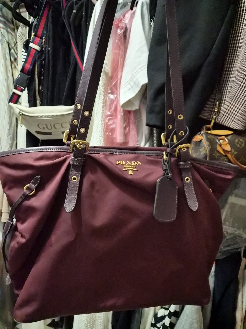 PRADA Burgundy Nylon Tote with Leather Trim